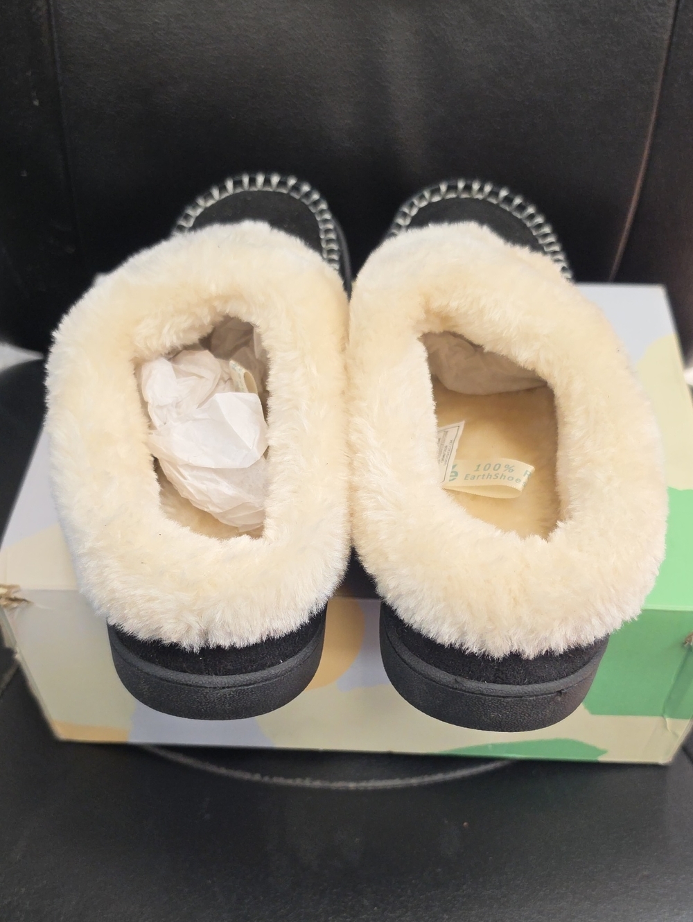Earth Origins Black Slip-On Mules with Cream Plush Collar